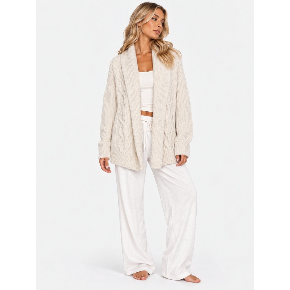 Barefoot Dreams CozyChic Cable Shawl Cardigan Cream White S